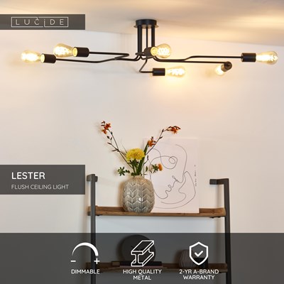 Lucide LESTER - Flush ceiling light - 6xE27 - Black